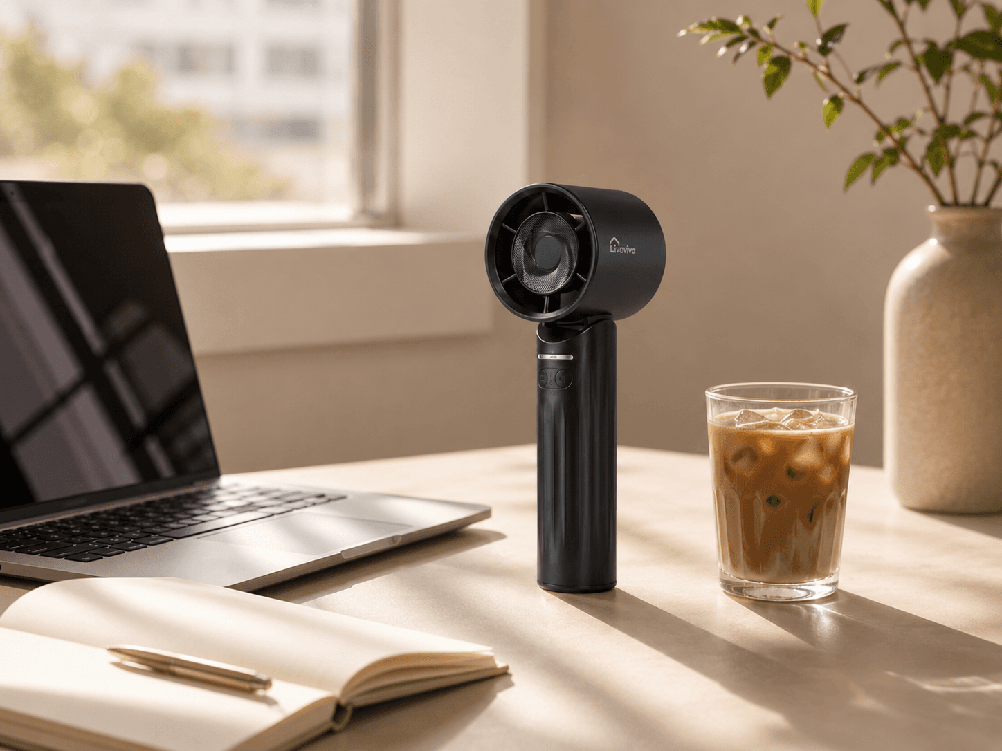 Sleek black handheld fan on a sunlit desk with a laptop and iced coffee.